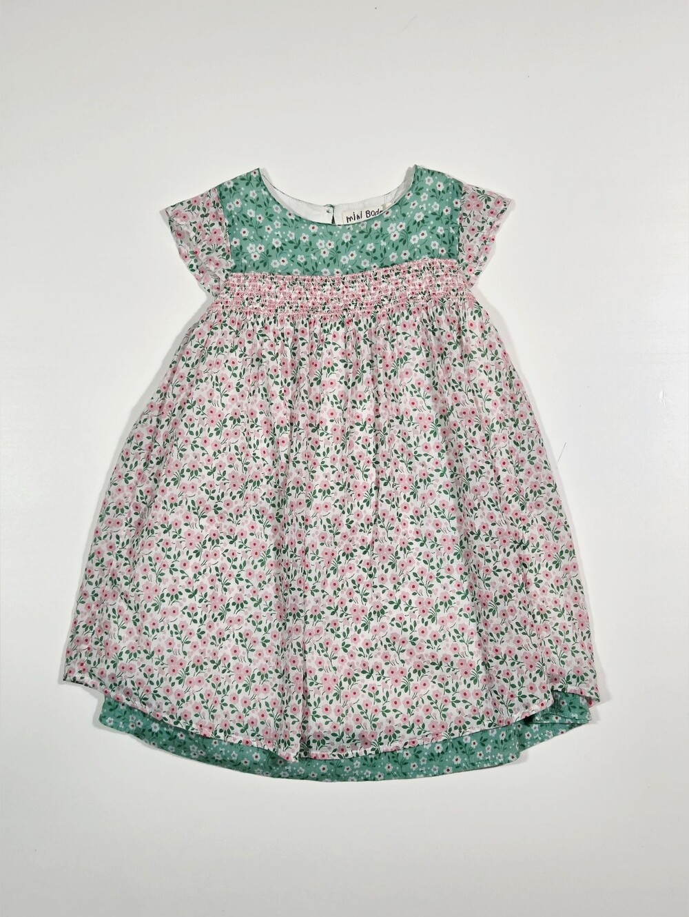 Mini Boden Floral Smocked Cotton Girls Sun Dress Size 5-6 Pink Green Summer